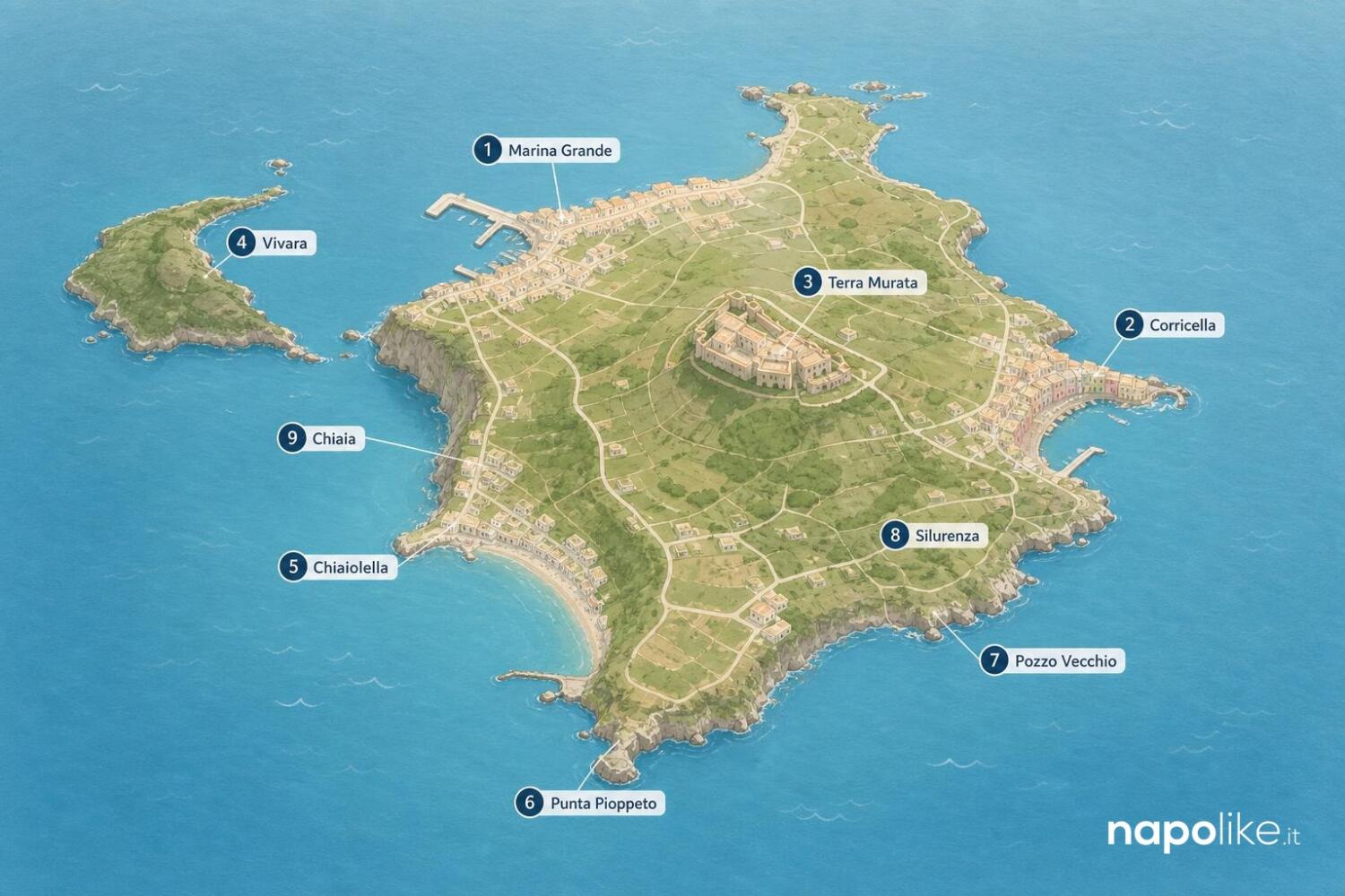 Il giro di Procida in barca: mappa dei luoghi Mappa di Procida con i luoghi del giro in barca