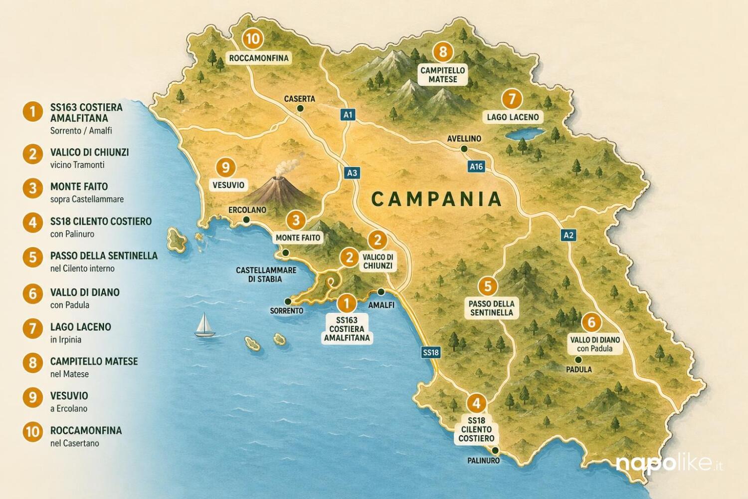 Mappa infografica delle strade panoramiche della Campania da percorrere in moto