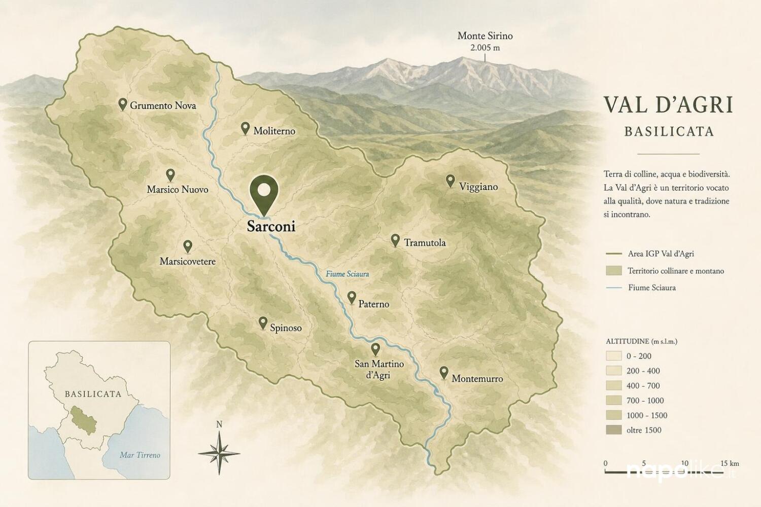 Mappa della Val d'Agri con Sarconi e i comuni della zona IGP del fagiolo
