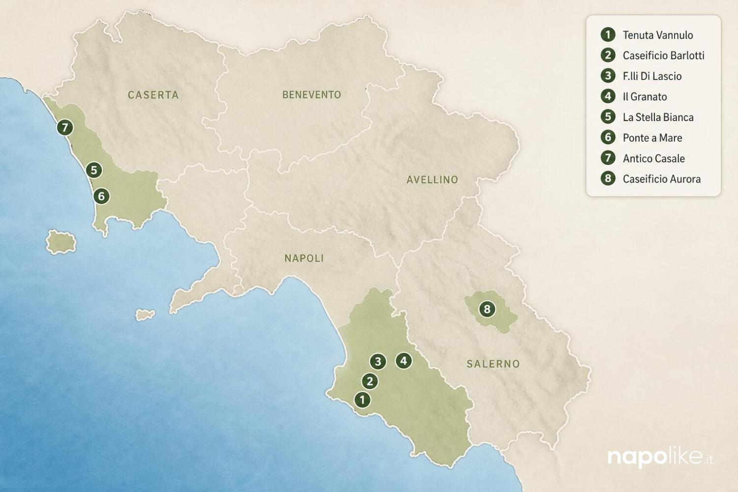 Infografica mappa zone di produzione e caseifici della Mozzarella di Bufala Campana DOP
