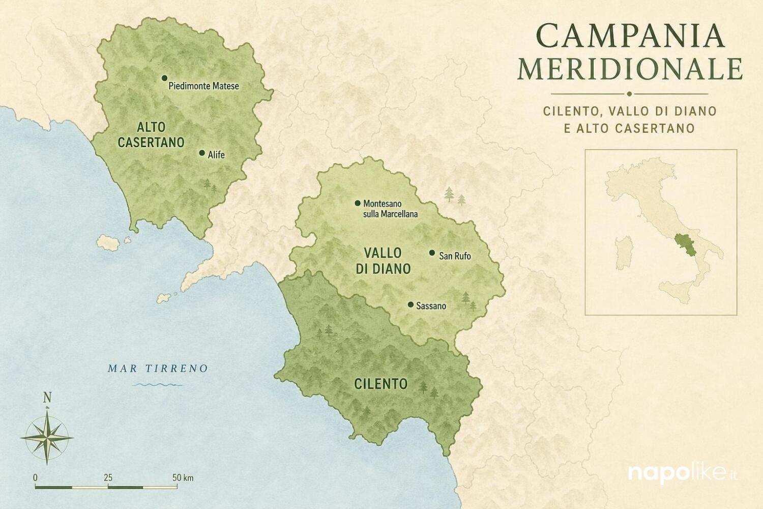 Mappa del caciocavallo silano DOP in Campania: Cilento, Vallo di Diano e Alto Casertano