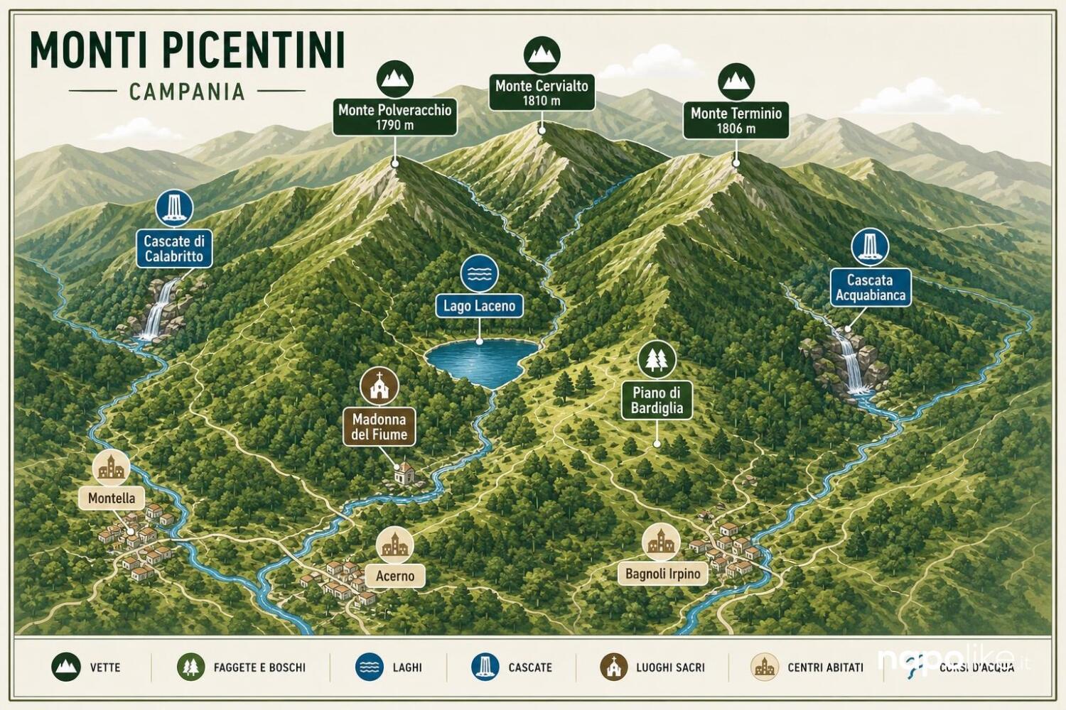 Mappa dei Monti Picentini con i luoghi da visitare