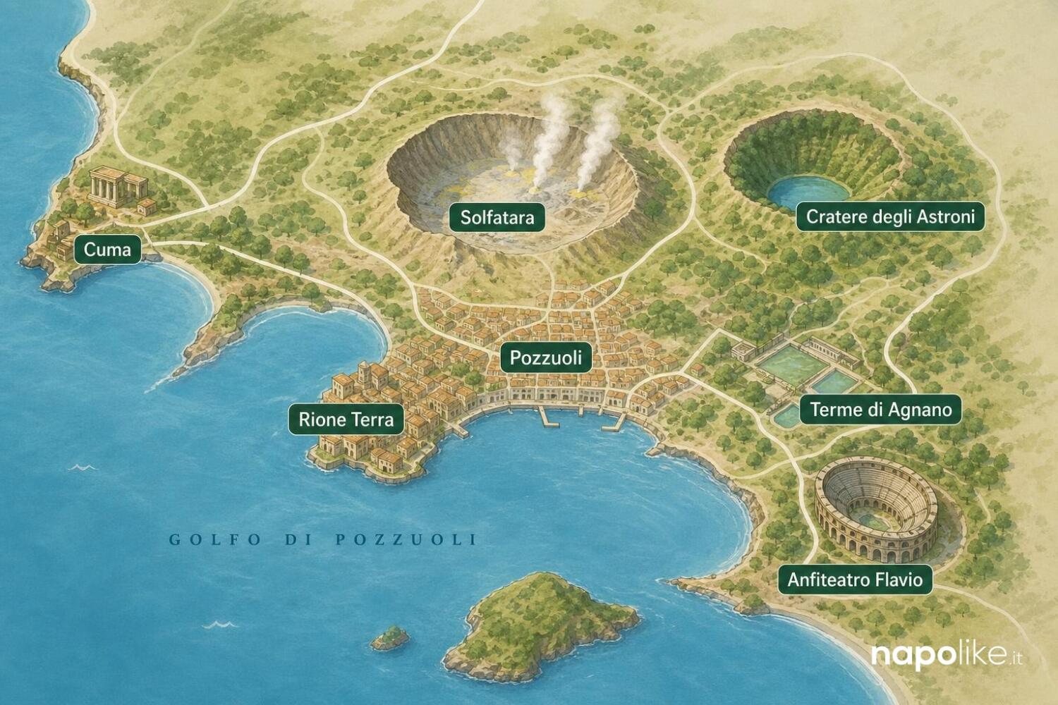 Mappa dei Campi Flegrei: Solfatara, Cratere degli Astroni, Rione Terra, Terme di Agnano, Anfiteatro Flavio e Cuma