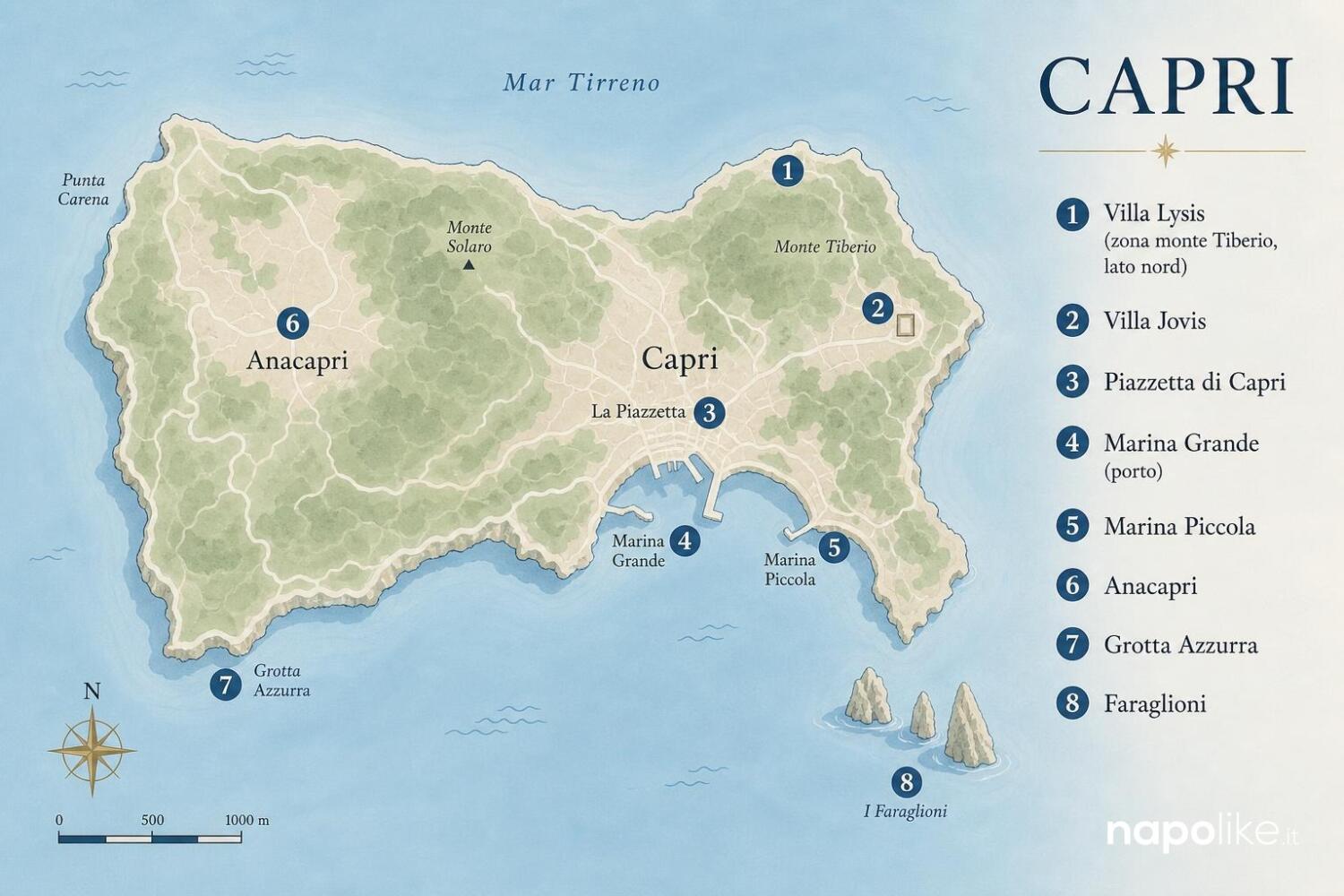 Mappa di Capri con Villa Lysis e i luoghi da visitare
