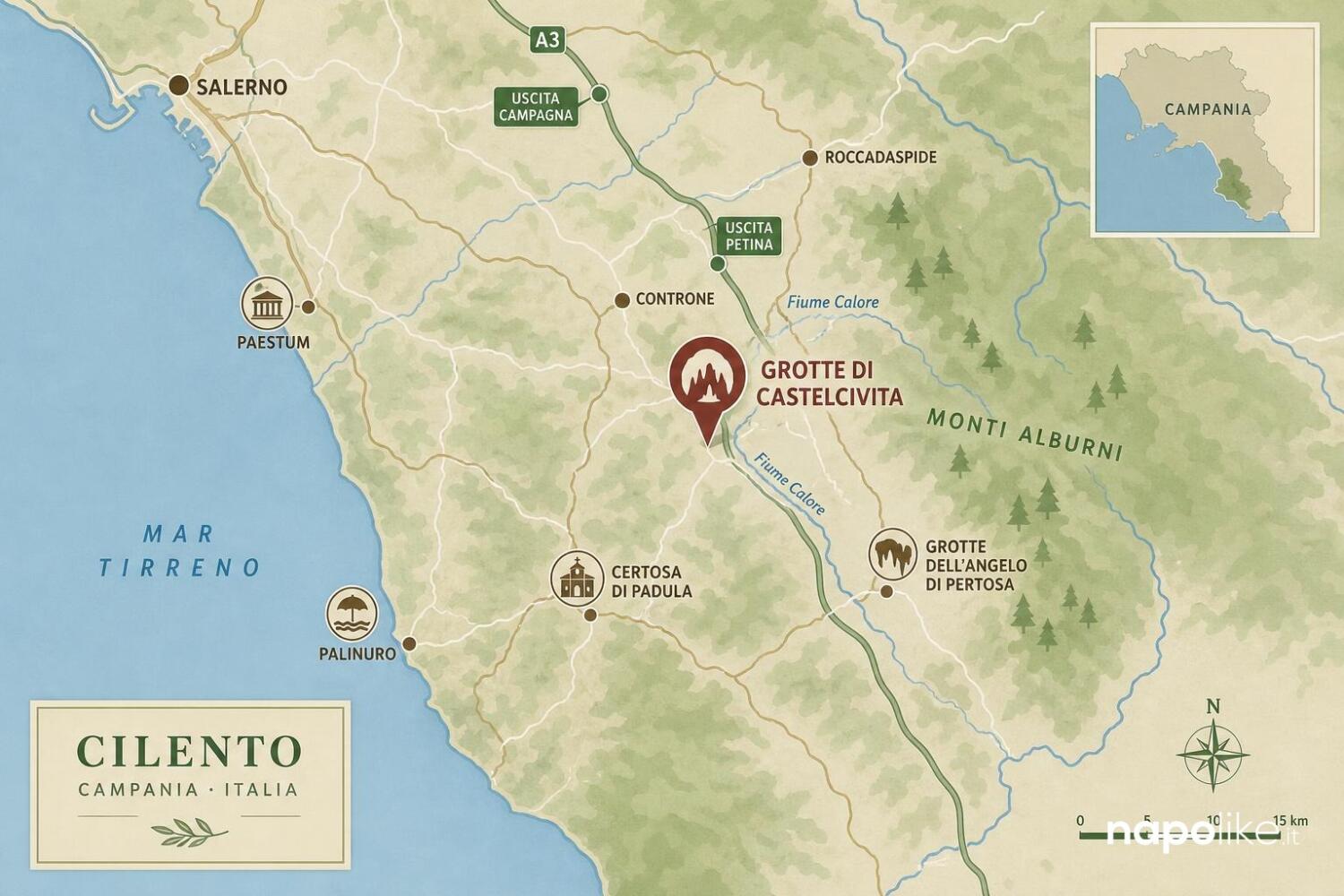 Mappa delle Grotte di Castelcivita e dei luoghi citati nella guida