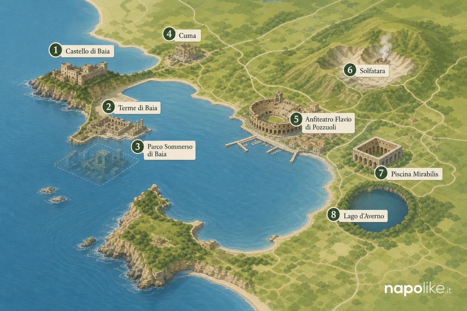 Mappa dei Campi Flegrei con il Castello di Baia e i siti archeologici