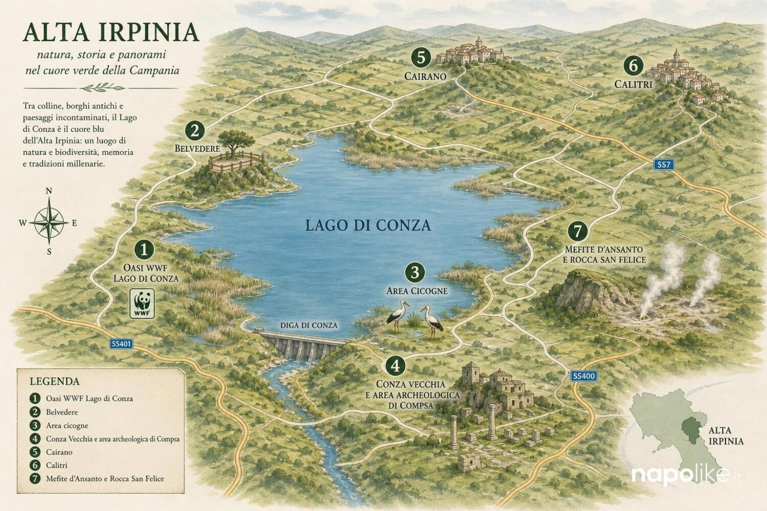 Mappa dell Oasi WWF del Lago di Conza e dell Alta Irpinia con i luoghi da visitare