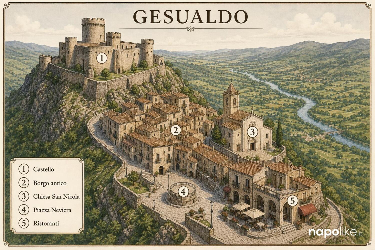 Mappa infografica di Gesualdo con i luoghi da visitare: castello, borgo antico, chiesa di San Nicola, Piazza Neviera