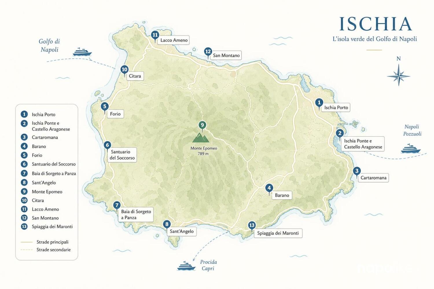 Mappa di Ischia low cost con i luoghi citati: terme libere, spiagge, Castello Aragonese, Forio, Sant’Angelo