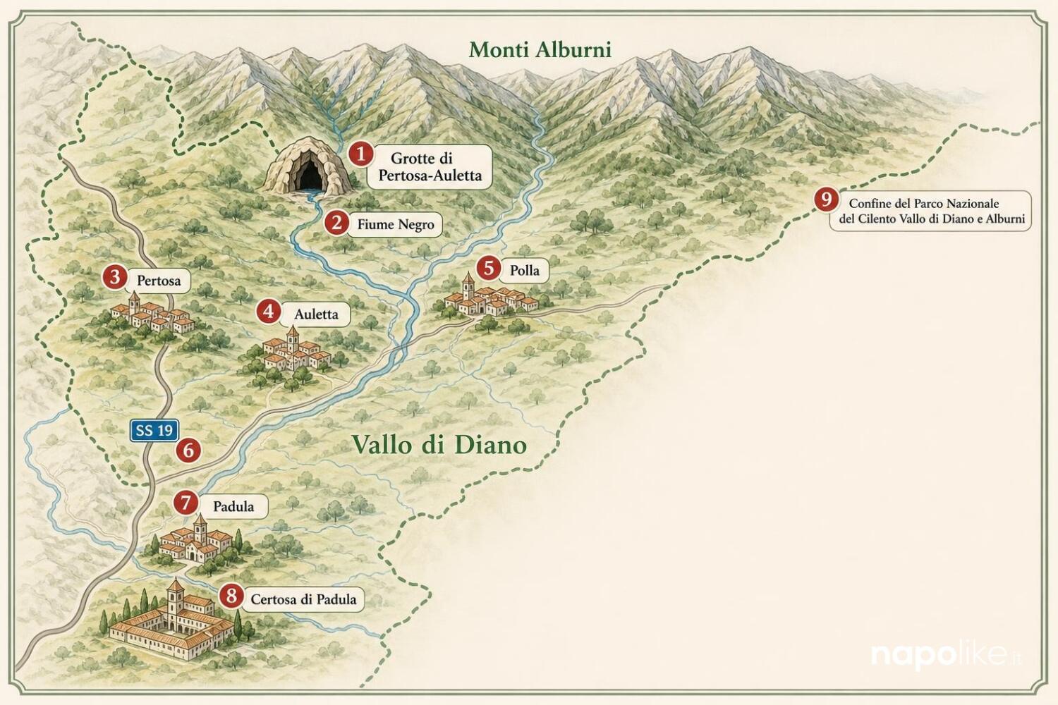 Infografica mappa Grotte di Pertosa-Auletta Vallo di Diano