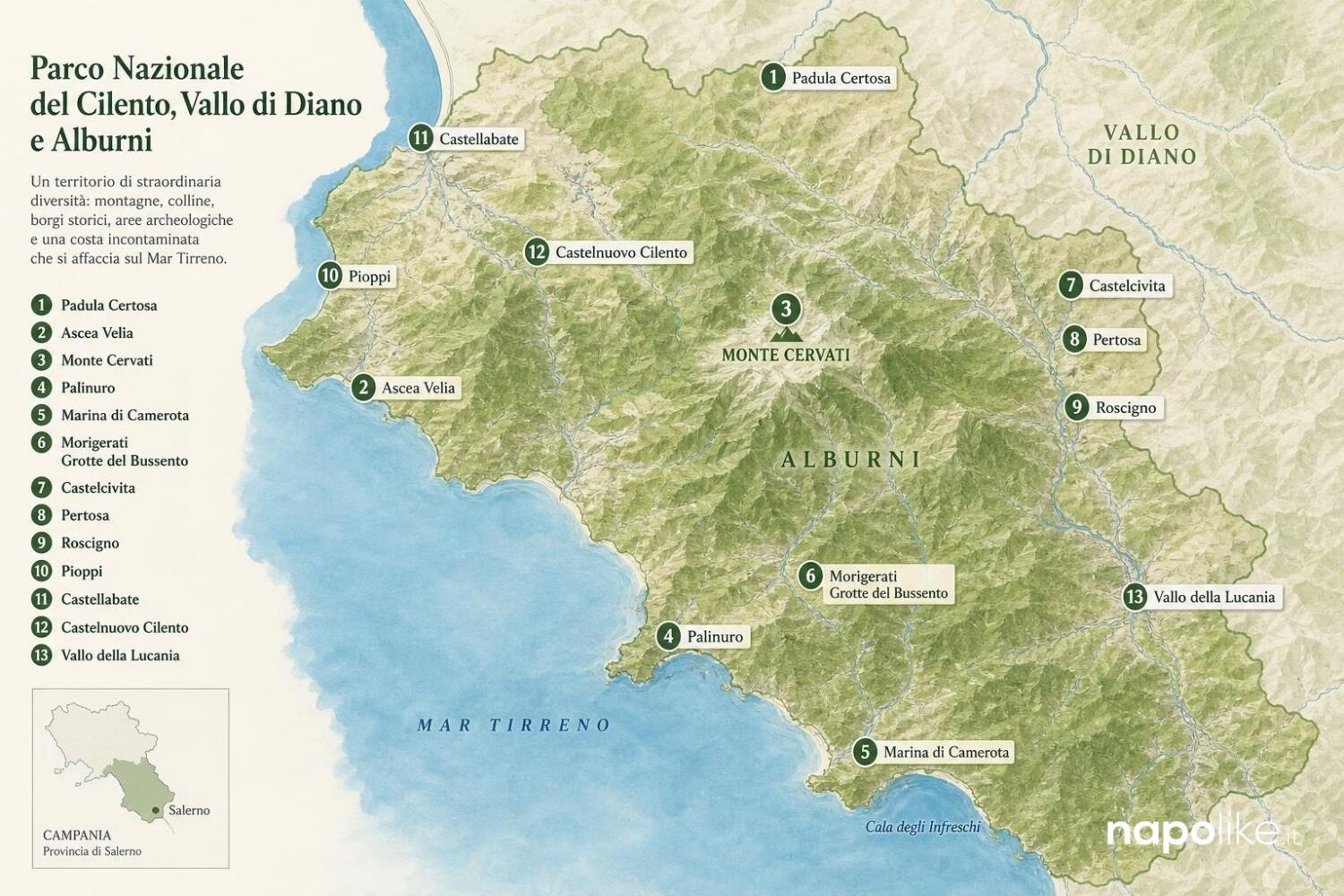 Mappa del Parco Nazionale del Cilento, Vallo di Diano e Alburni con i luoghi da visitare