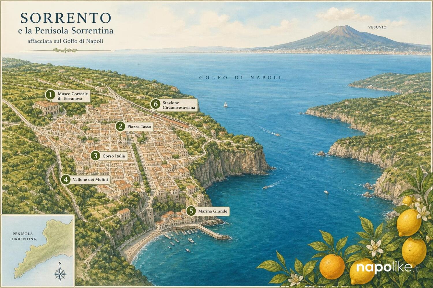 Mappa di Sorrento con il Museo Correale e i luoghi della penisola sorrentina