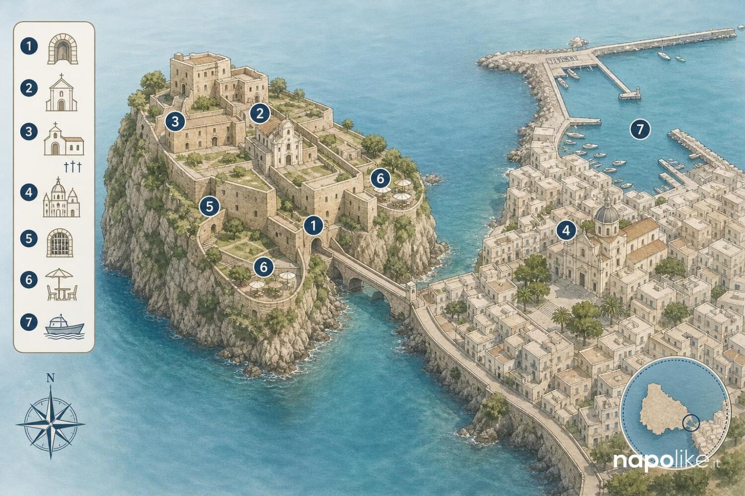 Infografica del Castello Aragonese di Ischia con i luoghi della visita