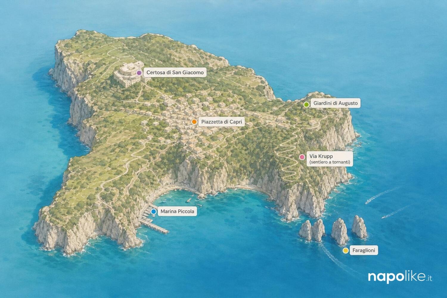 Mappa di Capri con Certosa di San Giacomo, Giardini di Augusto, Via Krupp e Marina Piccola