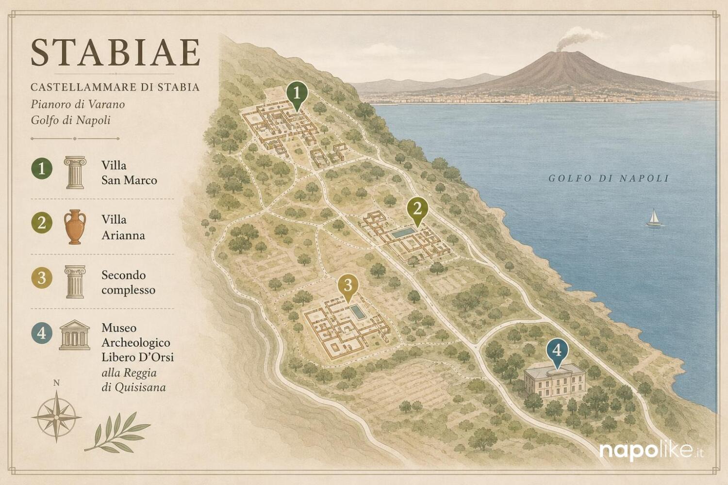 Mappa delle ville romane di Stabia: Villa San Marco, Villa Arianna e Museo Libero D'Orsi