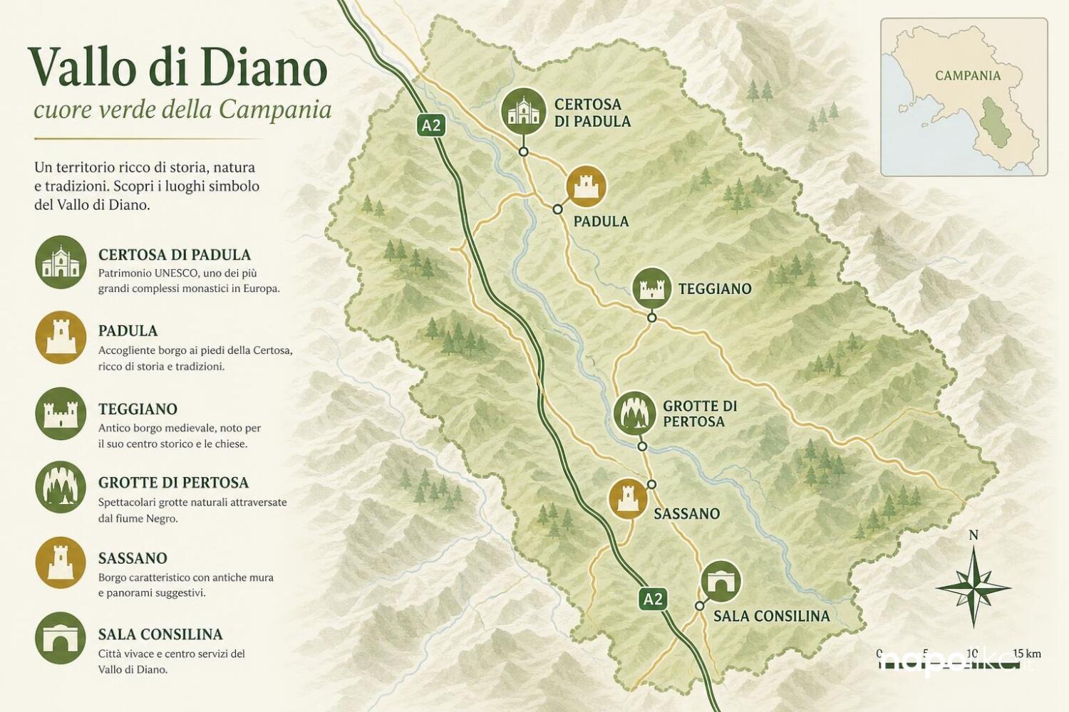 Mappa del Vallo di Diano: Certosa di Padula, Teggiano, Grotte di Pertosa, Sassano, Sala Consilina