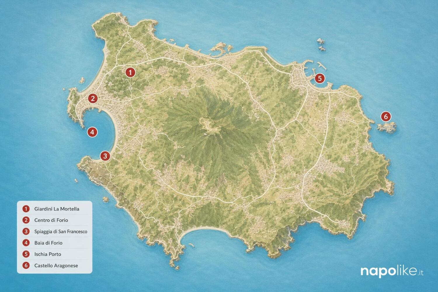 Mappa di Ischia con i luoghi citati nella guida ai Giardini La Mortella di Forio