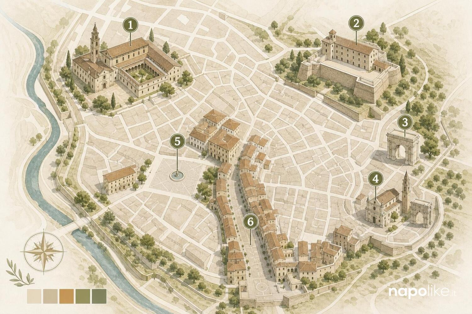Mappa del centro di Benevento con le sedi del Museo del Sannio