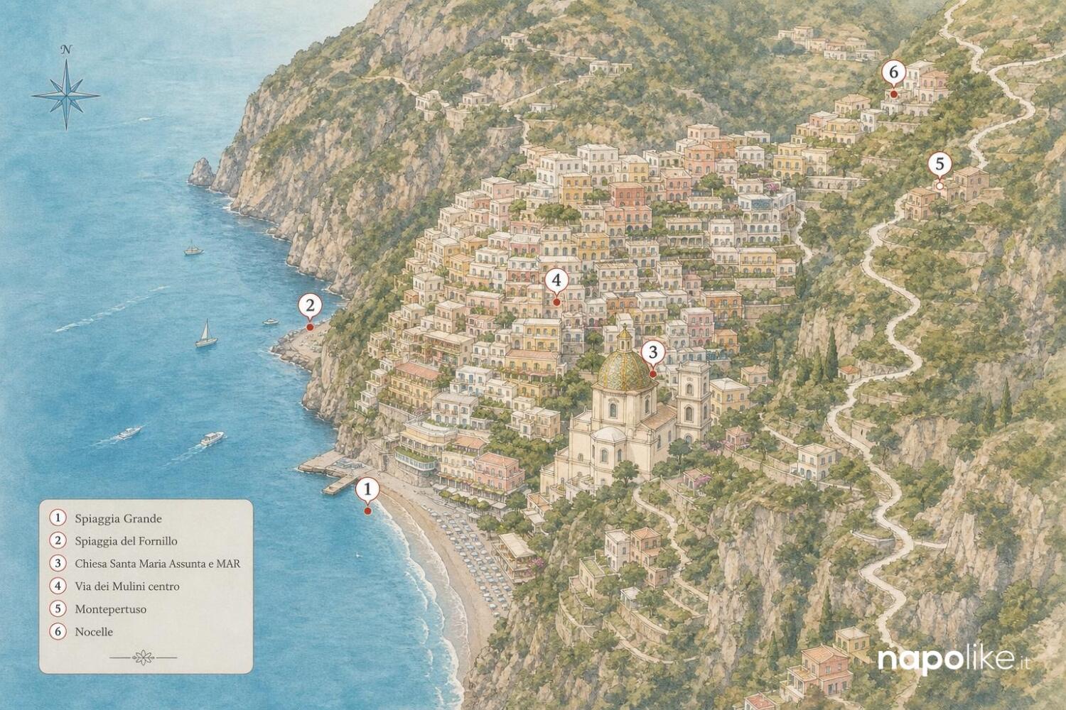 Mappa di Positano con i luoghi da vedere in un giorno