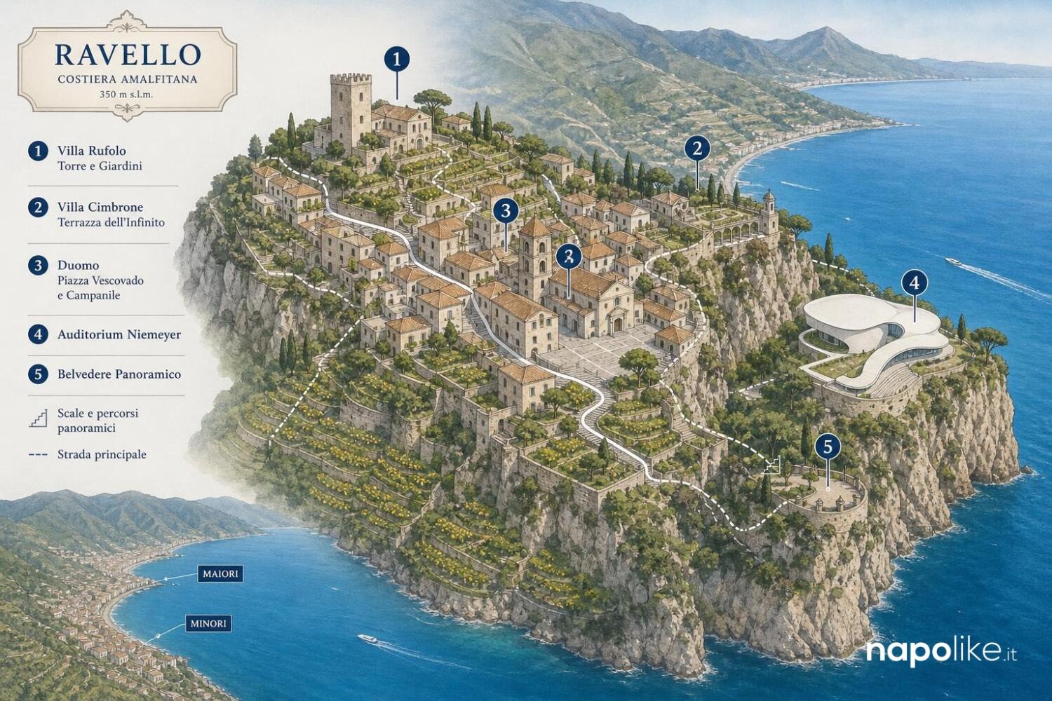 Mappa di Ravello con Villa Rufolo, Villa Cimbrone, Duomo e Auditorium Niemeyer