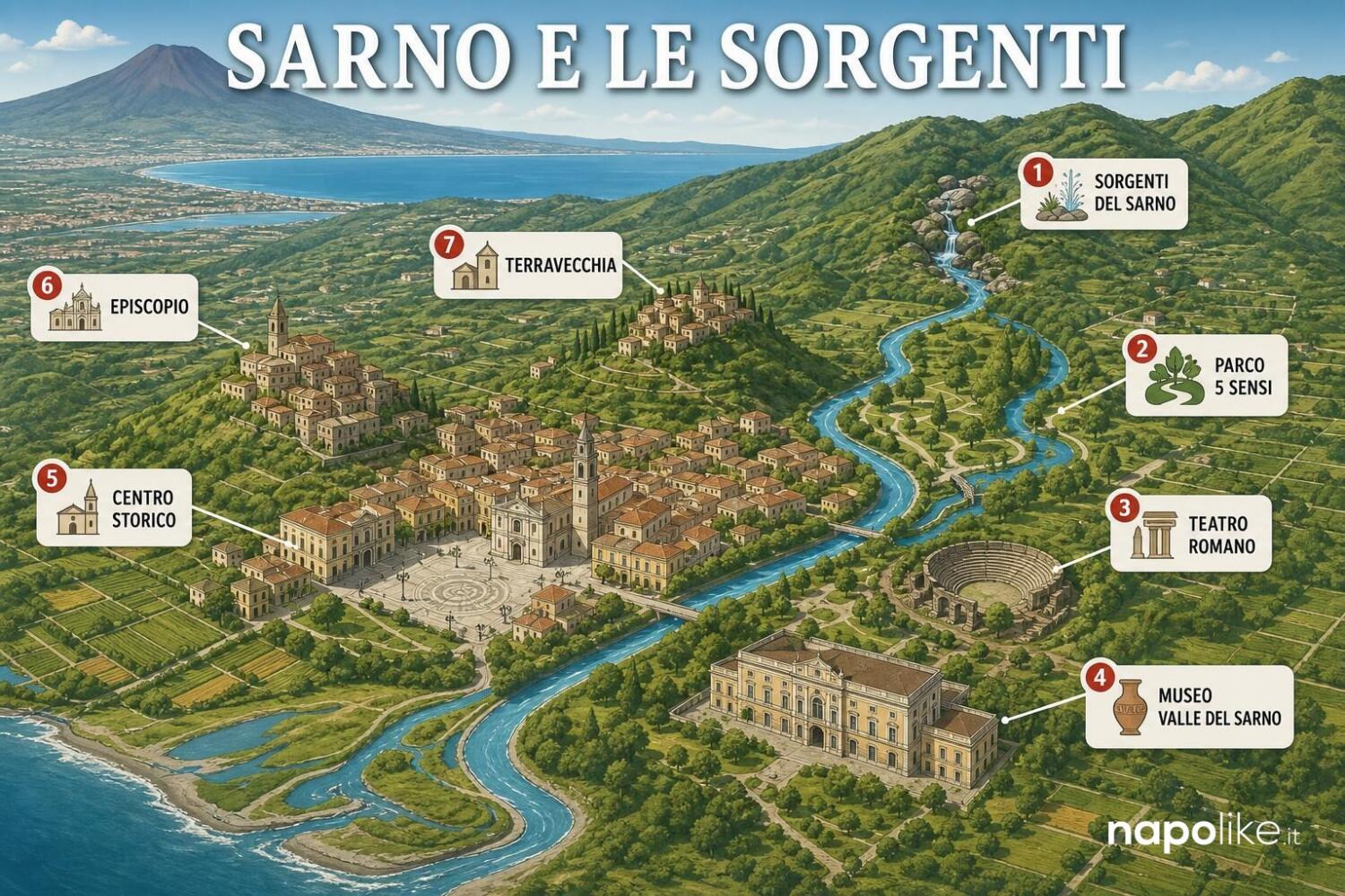 Mappa di Sarno e delle sue sorgenti: i luoghi da vedere