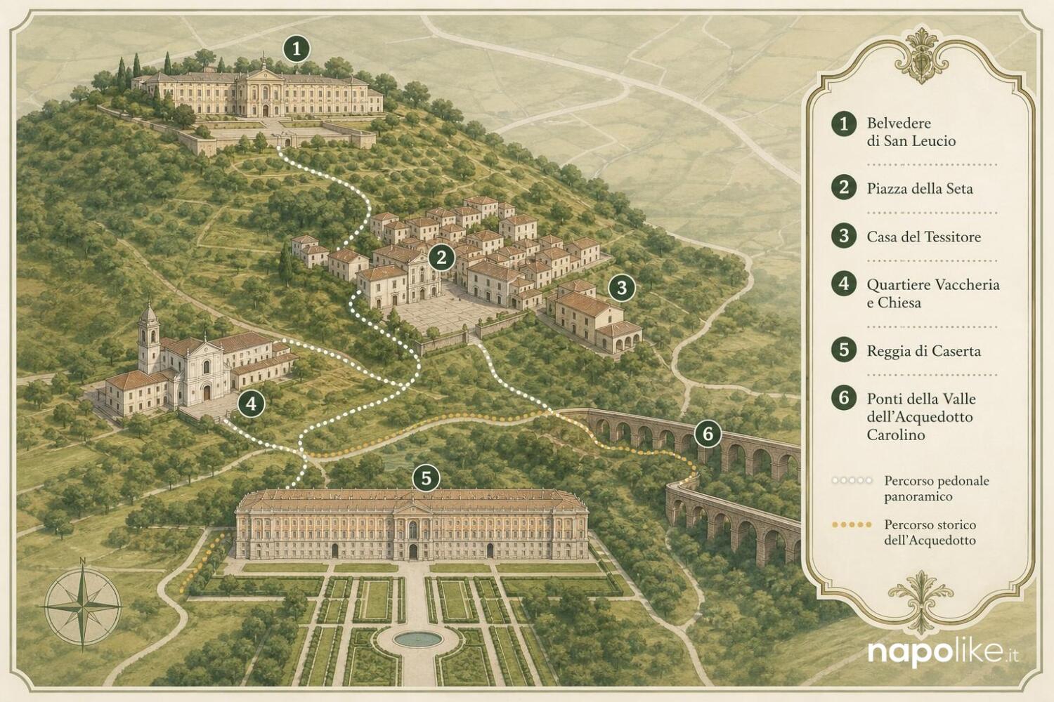 Mappa infografica del Belvedere di San Leucio e dei luoghi citati