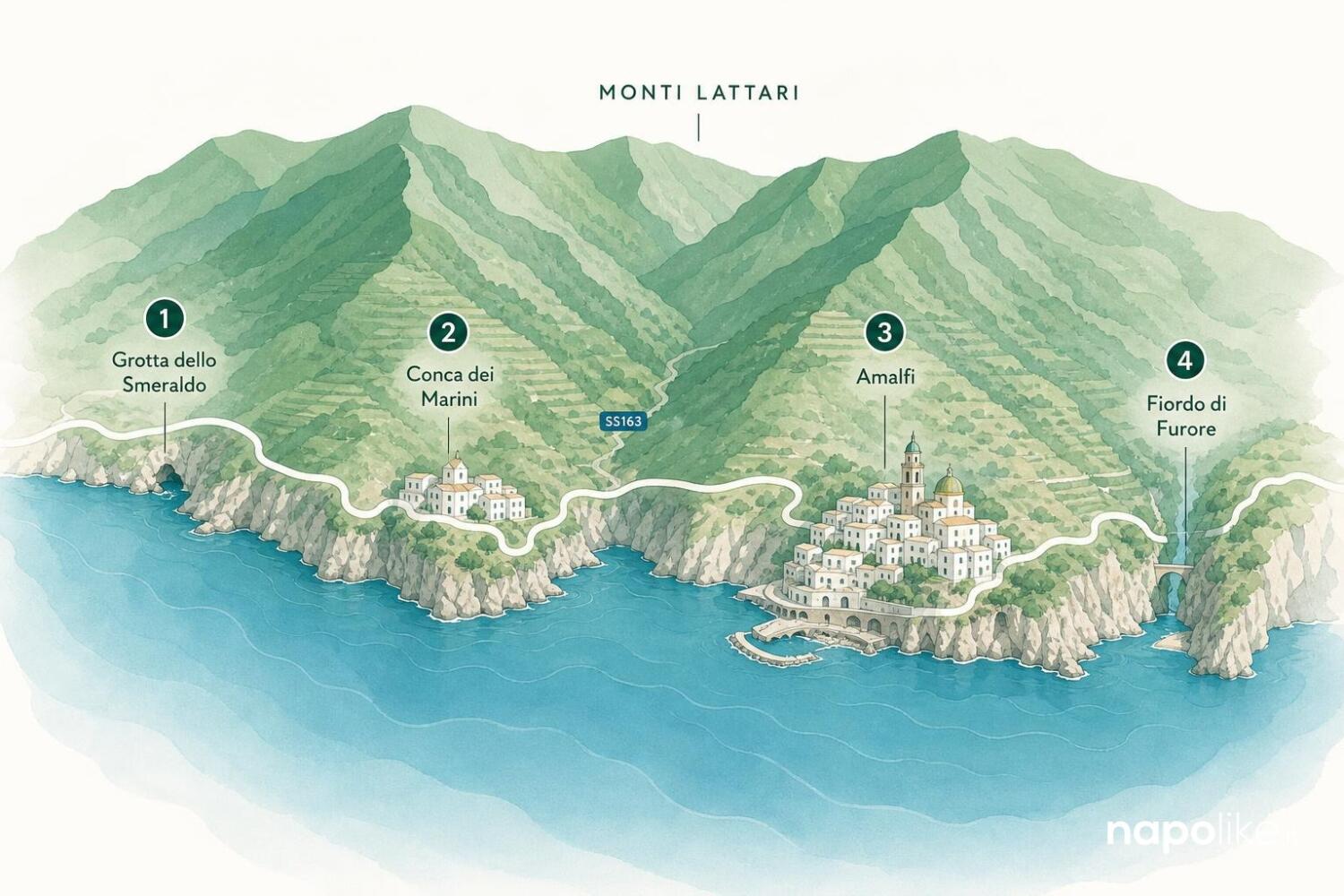 Mappa della Grotta dello Smeraldo e della Costiera Amalfitana tra Conca dei Marini e Amalfi