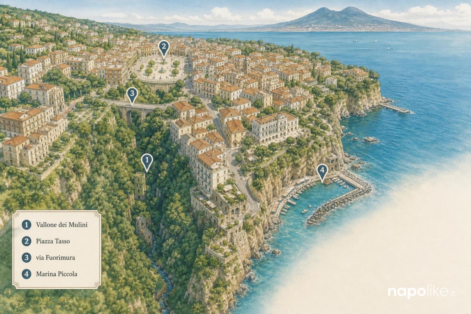 Mappa del Vallone dei Mulini a Sorrento con i punti panoramici segnati