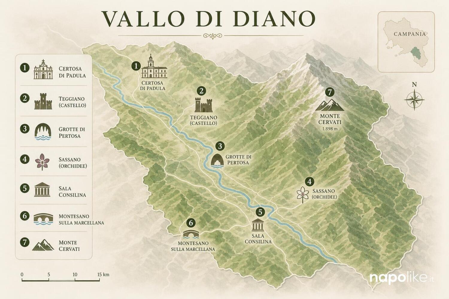 Mappa del Vallo di Diano con i luoghi da visitare