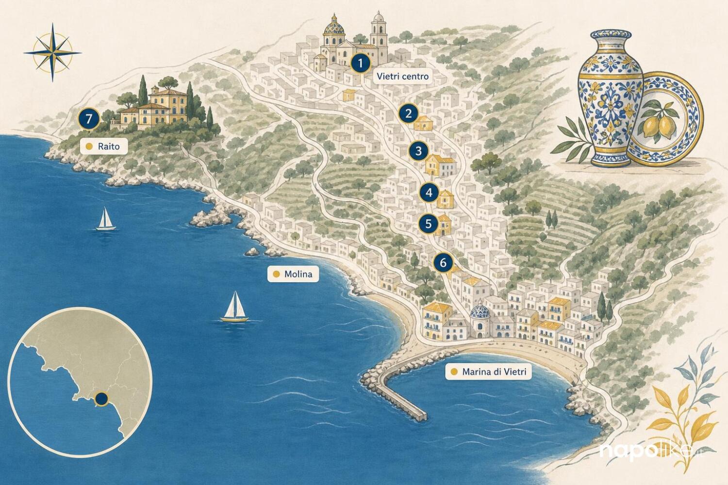 Mappa di Vietri sul Mare con le botteghe di ceramica: Solimene, Avallone, Pinto, Falcone, Vietri Store, Raito e Molina