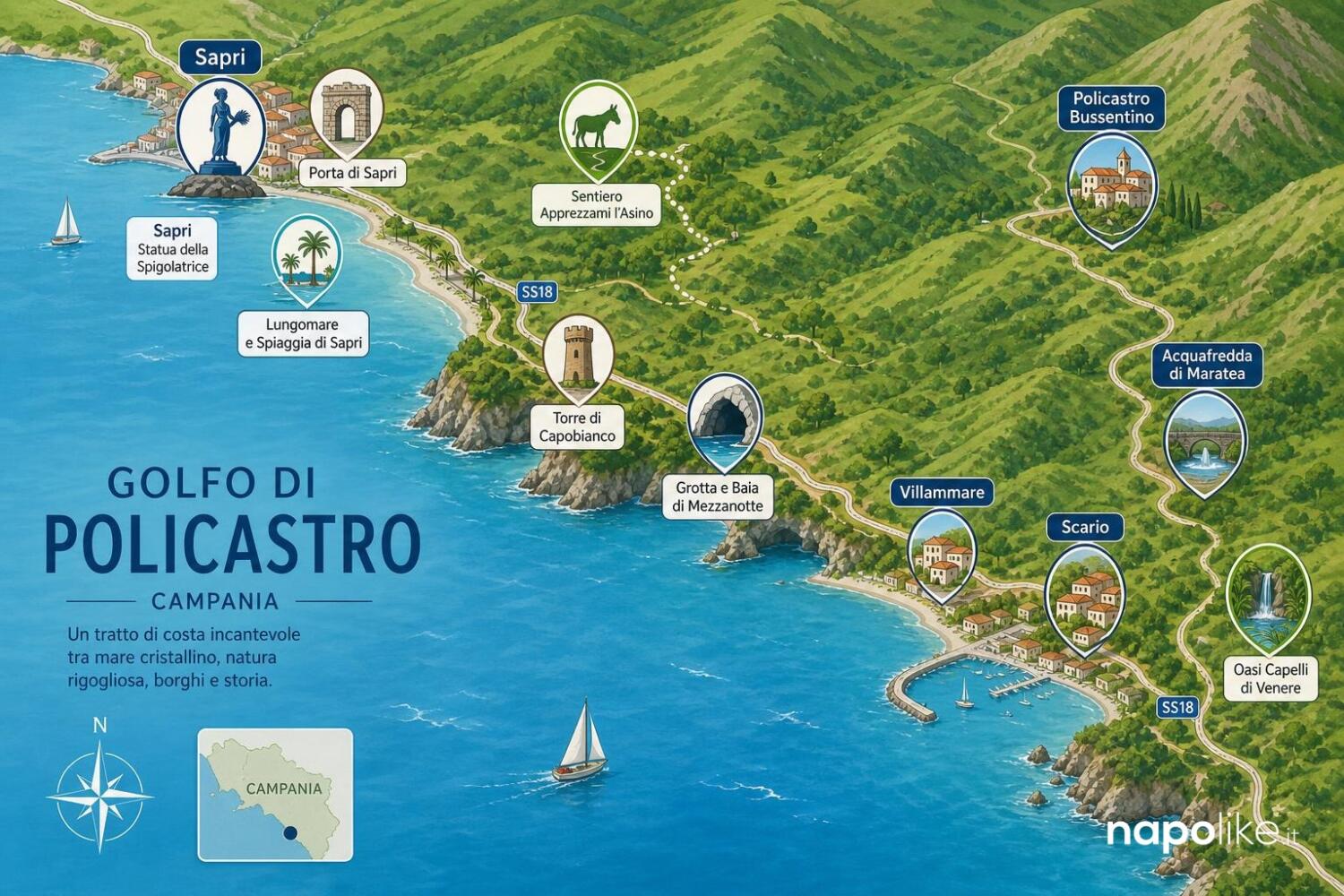 Mappa del Golfo di Policastro con i luoghi da vedere a Sapri