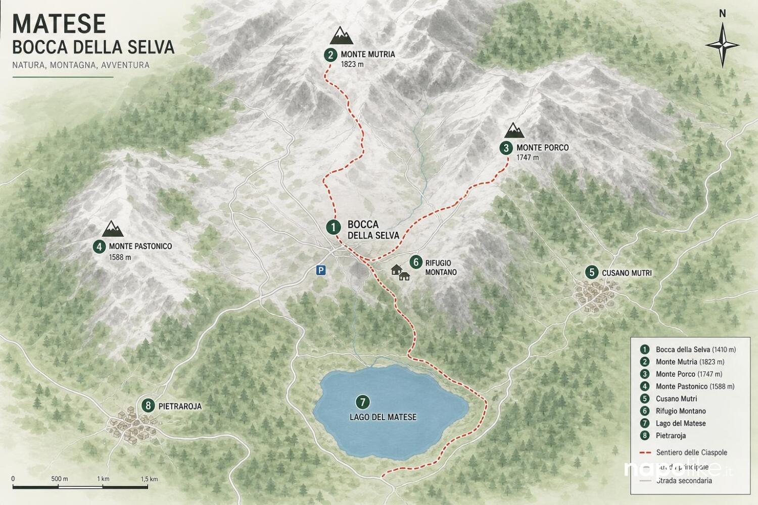 Mappa del Matese campano: Bocca della Selva, Monte Mutria, Monte Porco, Cusano Mutri, Pietraroja e Lago del Matese