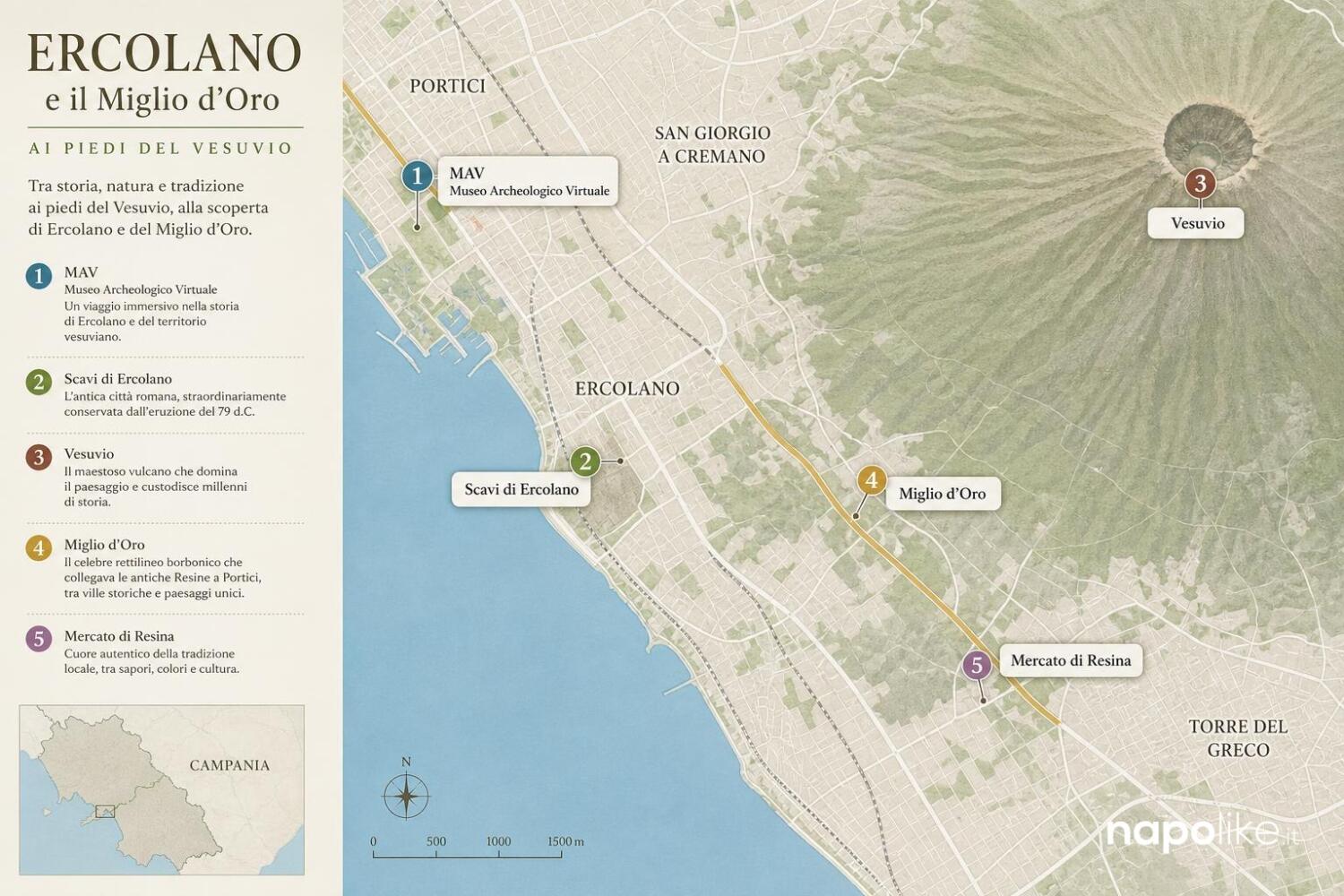 Mappa di Ercolano con il MAV, gli scavi, il Miglio d'Oro e il Vesuvio