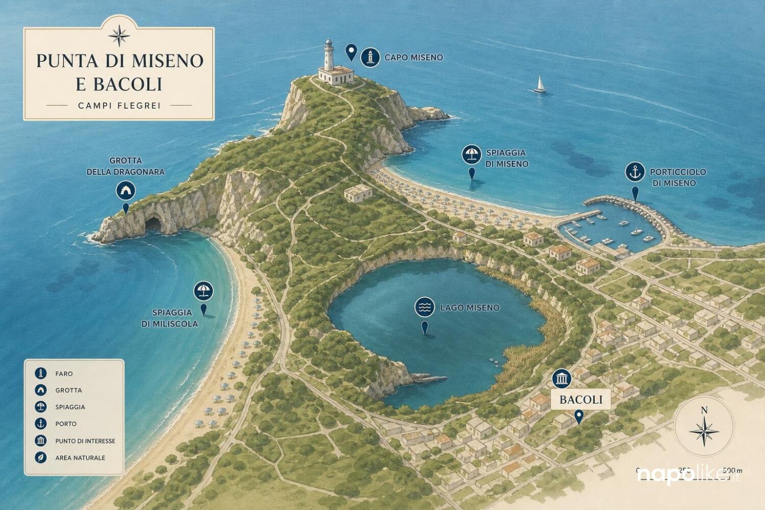 Mappa di Punta di Miseno e Bacoli con i luoghi da vedere