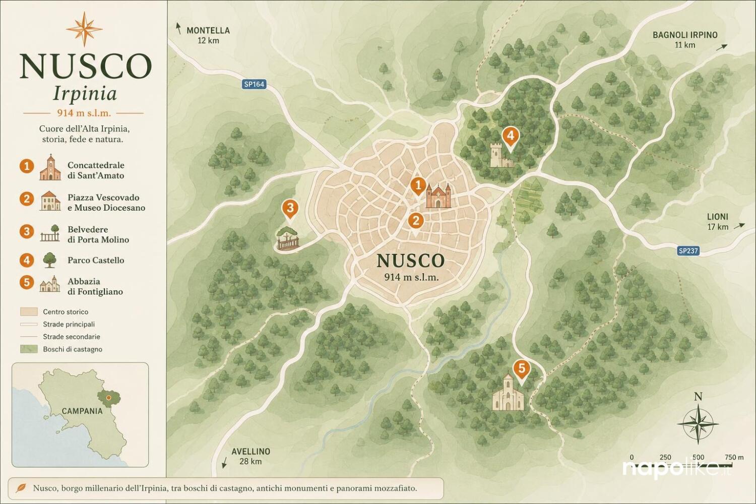 Mappa di Nusco e dei luoghi da visitare in Irpinia
