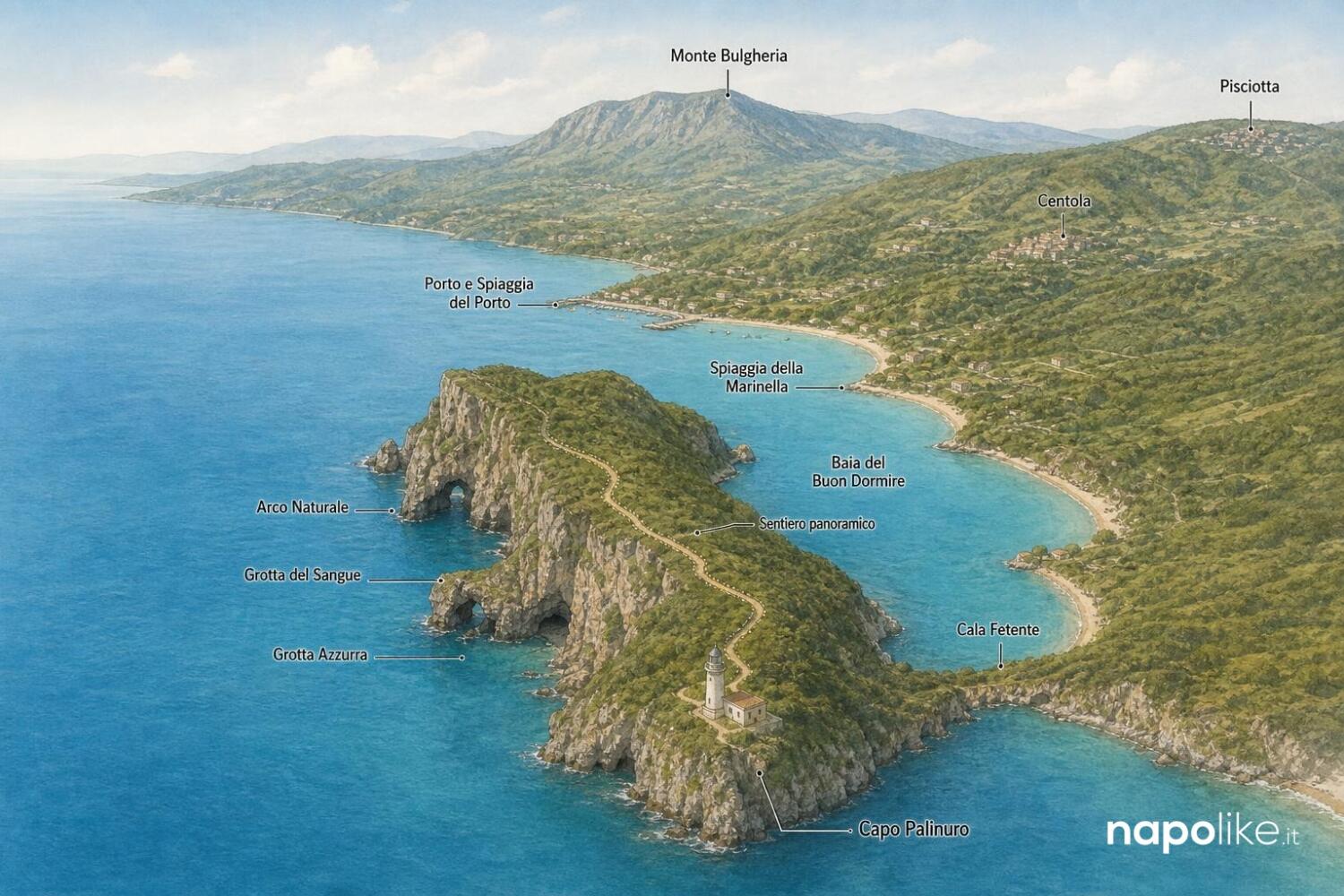 Mappa di Palinuro e Capo Palinuro con spiagge, grotte marine e sentieri