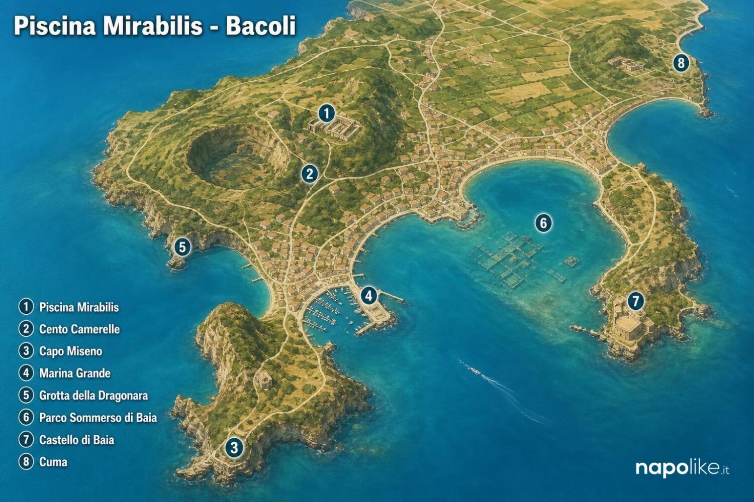 Mappa dei luoghi da visitare a Bacoli e nei Campi Flegrei intorno alla Piscina Mirabilis