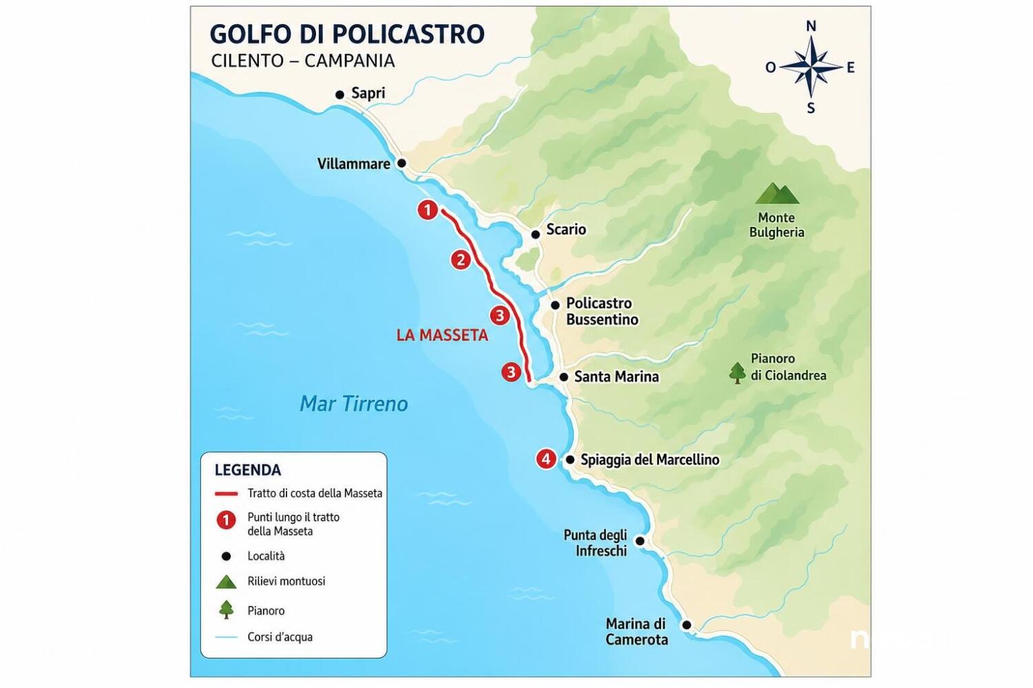Mappa del Golfo di Policastro con Scario, Policastro Bussentino e le spiagge