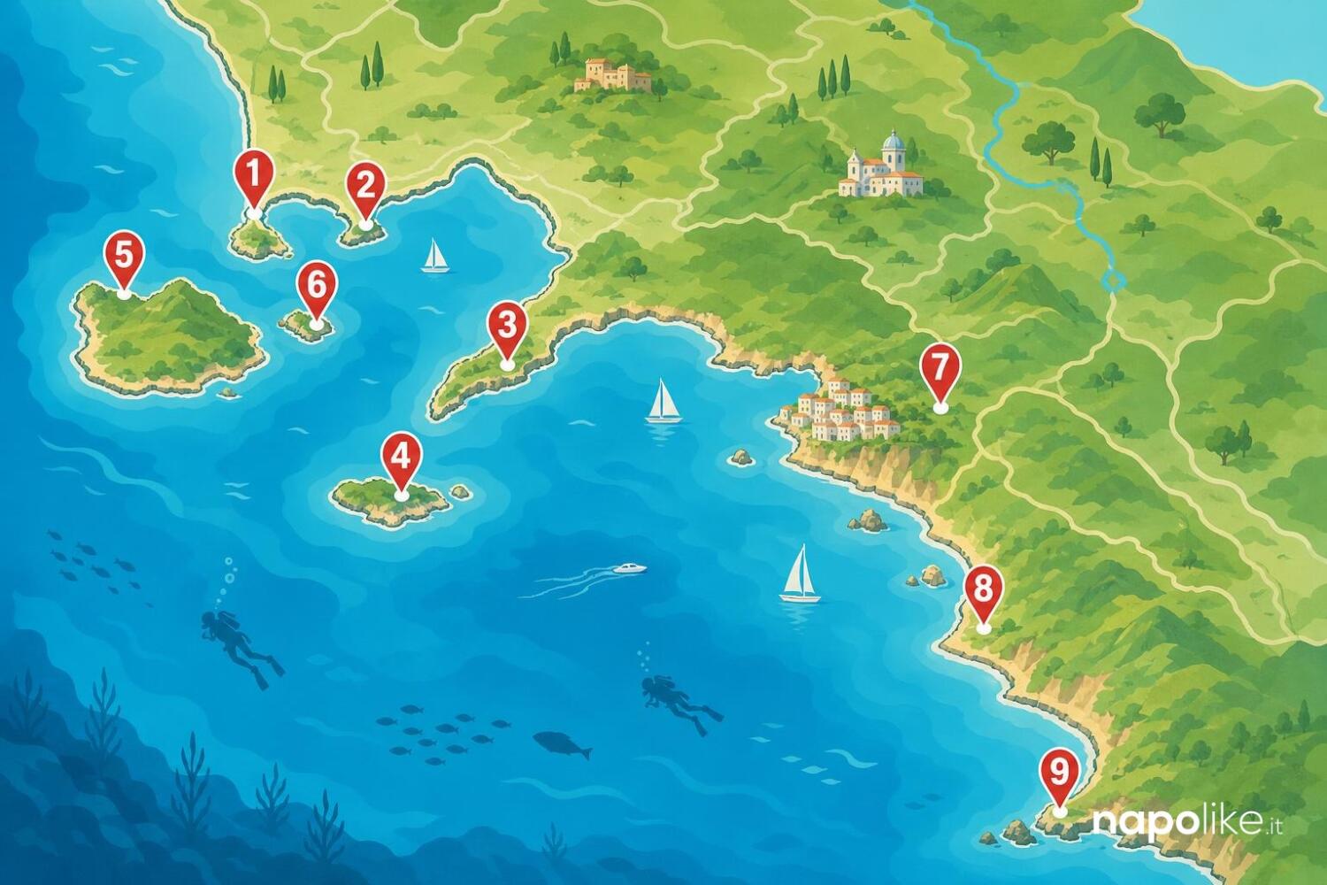 Mappa dei punti di snorkeling e immersioni in Campania