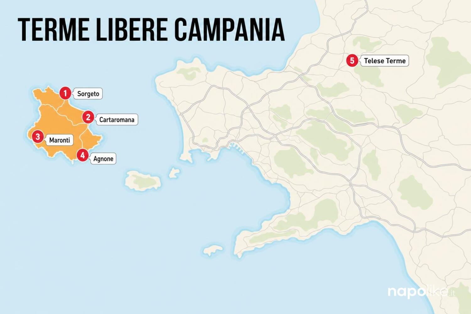Mappa delle terme libere della Campania: Sorgeto, Cartaromana, Maronti, Agnone e Telese Terme