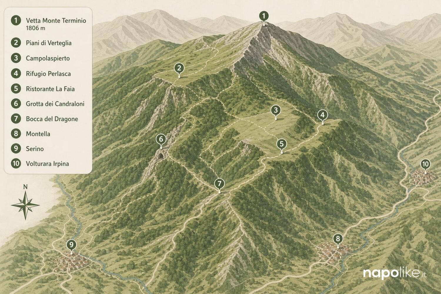 Infografica mappa del Monte Terminio: vetta, Piani di Verteglia, Campolaspierto, rifugio Perlasca e luoghi citati