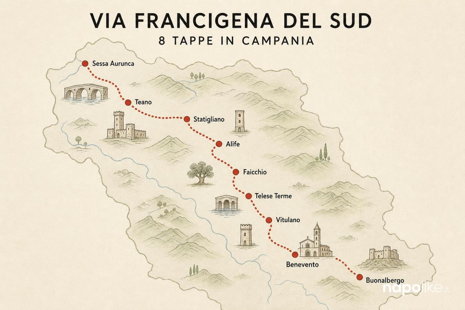Via Francigena del Sud: mappa delle tappe in Campania