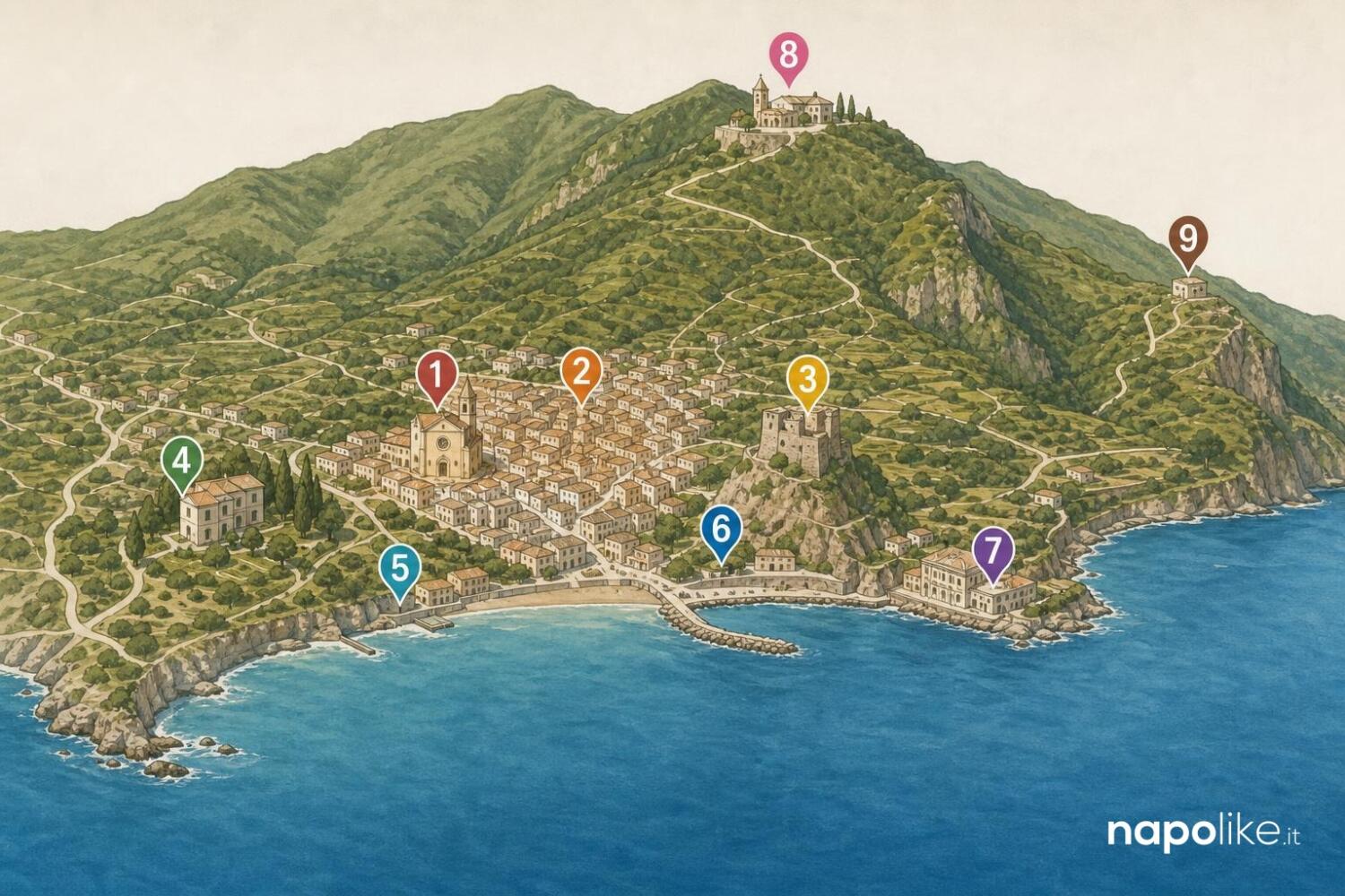 Mappa di Vico Equense con i luoghi da vedere tra mare e montagna