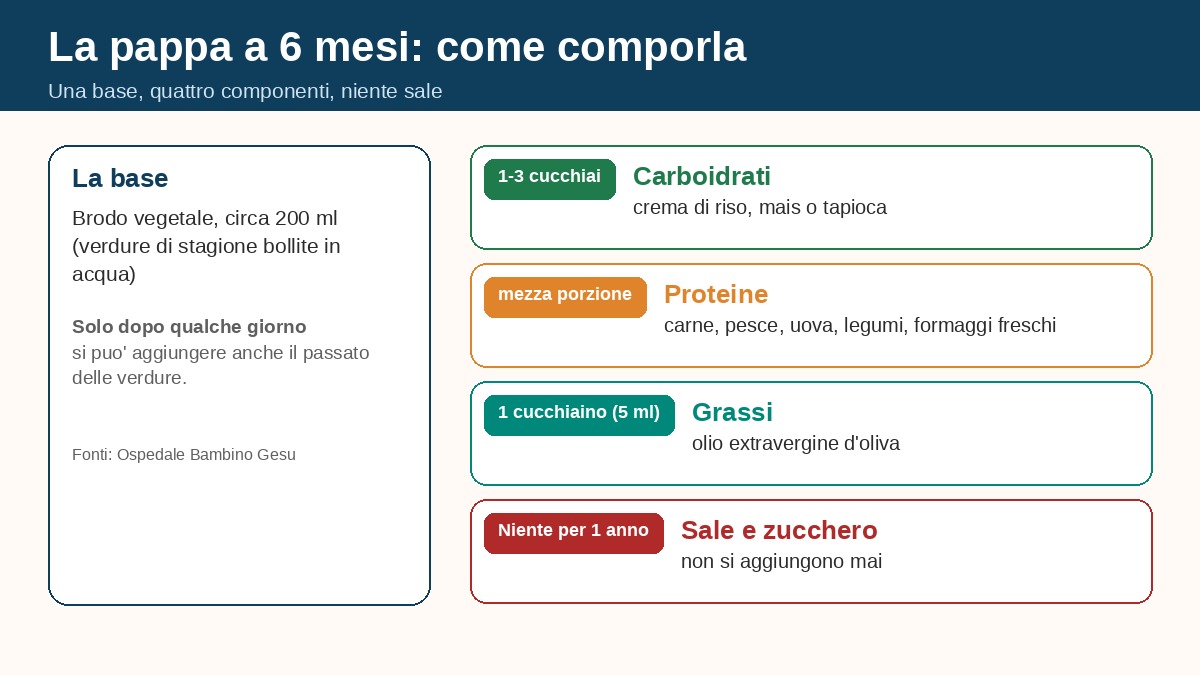 La pappa a 6 mesi: brodo vegetale, carboidrati, mezza porzione di proteine e un cucchiaino di olio