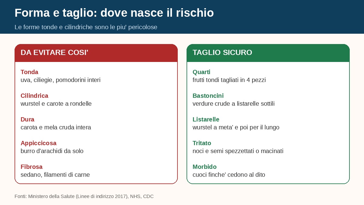Forme pericolose e tagli sicuri in svezzamento: tonda, cilindrica, quarti e bastoncini