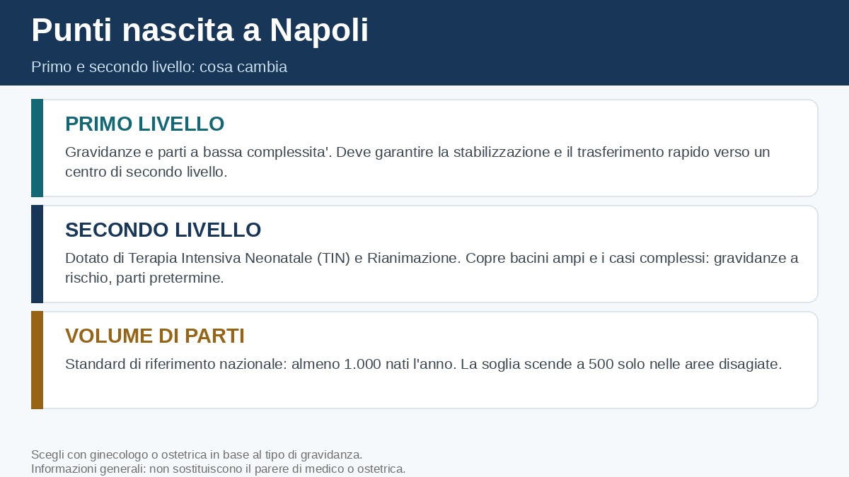 Infografica: primo e secondo livello del punto nascita e standard sul volume di parti
