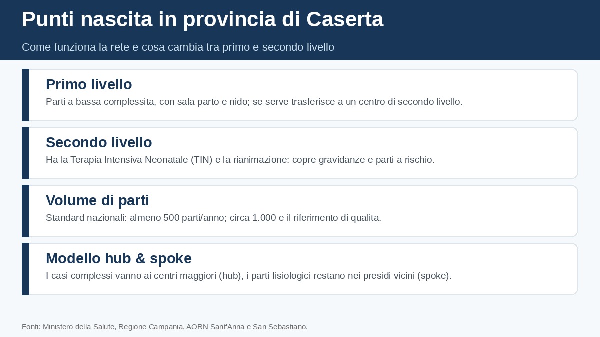 Infografica: primo e secondo livello del punto nascita e standard sul volume di parti