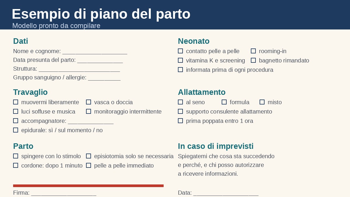 Esempio di piano del parto pronto da compilare