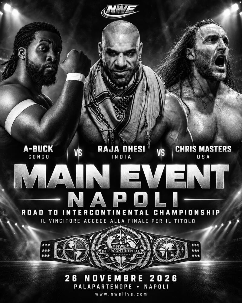 Grafica del main event NWE con Raja Dhesi, Chris Masters e A-Buck